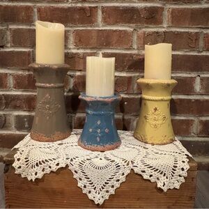 Set of 3 ceramic candle  pillars /holders 8”, 7”, 5” heights for 3” dia candles